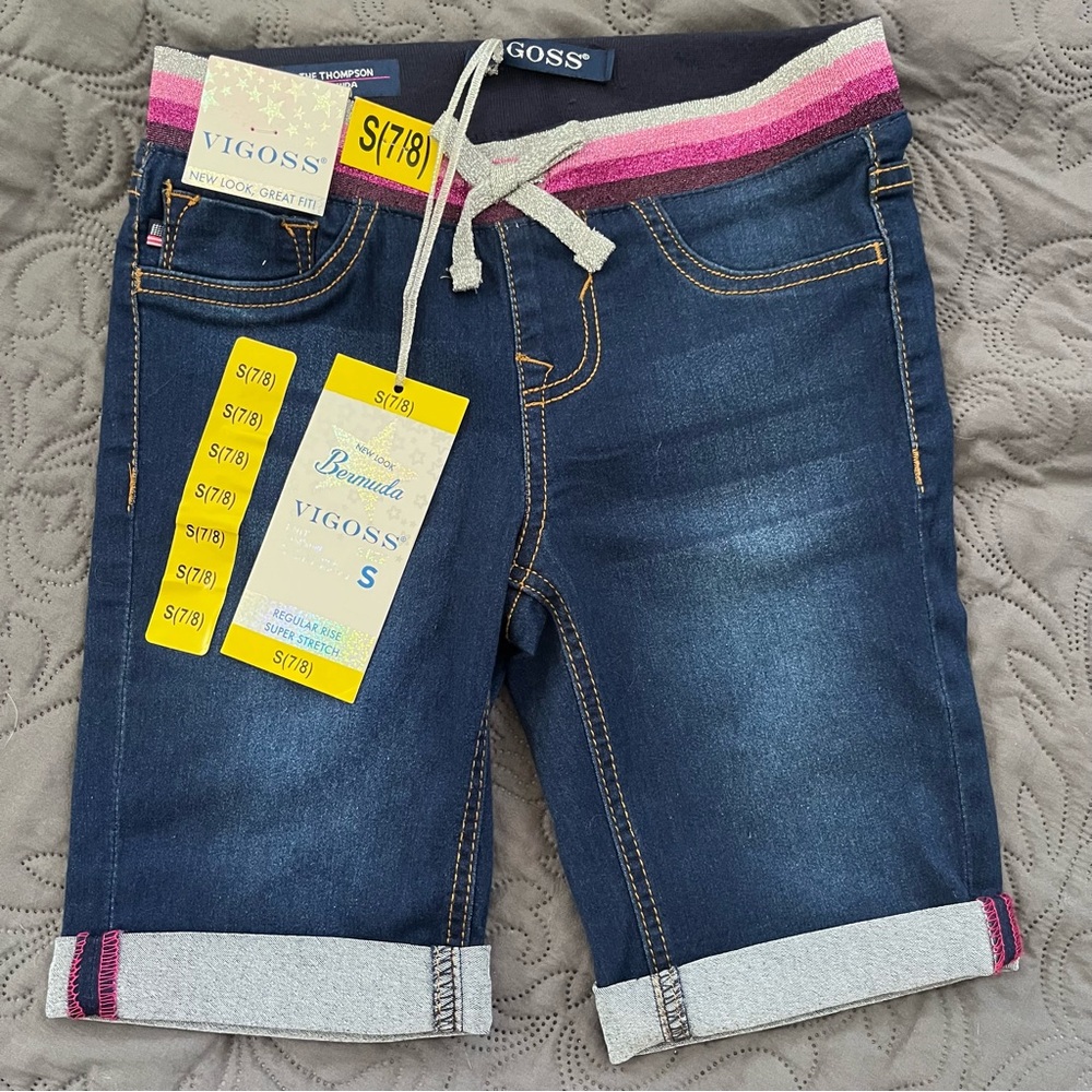 VIGOSS Girl’s Jeans Shorts Rise Super Stretch with glitter elastic and bow